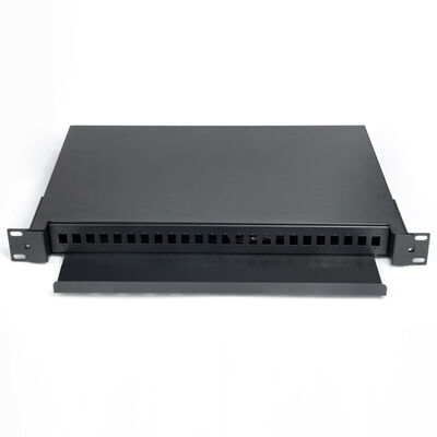 แผงแพทช์ไฟเบอร์ 1U 24 พอร์ตกล่องเลิกจ้างไฟเบอร์ออปติกสีดำแร็คเมาท์