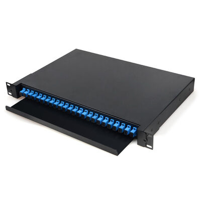 แผงแพทช์ไฟเบอร์ 1U 24 พอร์ตกล่องเลิกจ้างไฟเบอร์ออปติกสีดำแร็คเมาท์