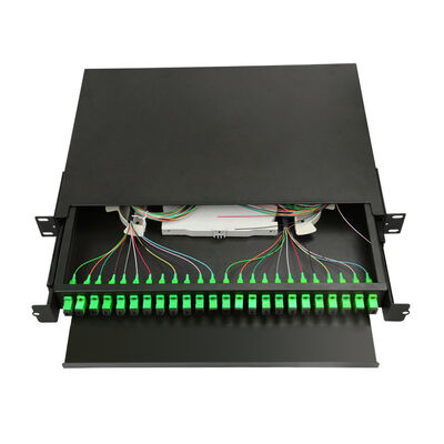 แผงแพทช์ไฟเบอร์ 1U 24 พอร์ตกล่องเลิกจ้างไฟเบอร์ออปติกสีดำแร็คเมาท์