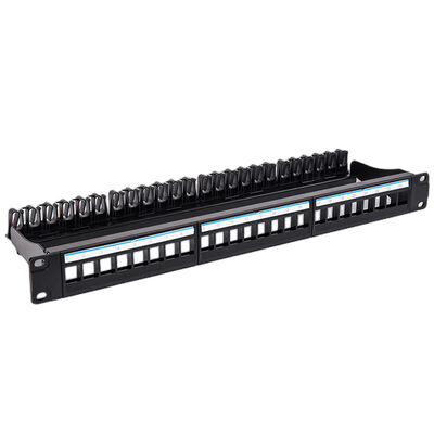 แผงแพทช์คีย์สโตน UTP สีดำ 1U 24 พอร์ต CAT6 แจ็คเปล่า RJ45